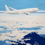 飛行機と富士山。雲の緻密な表現が美しい